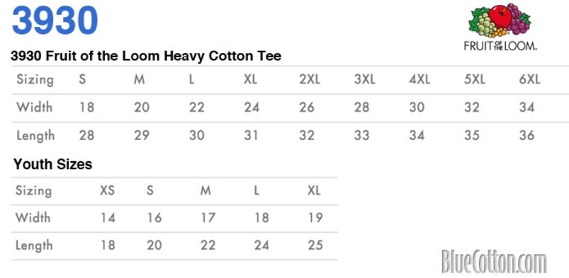 Size chart for a 3930 Fruit of the Loom HD Cotton Tee