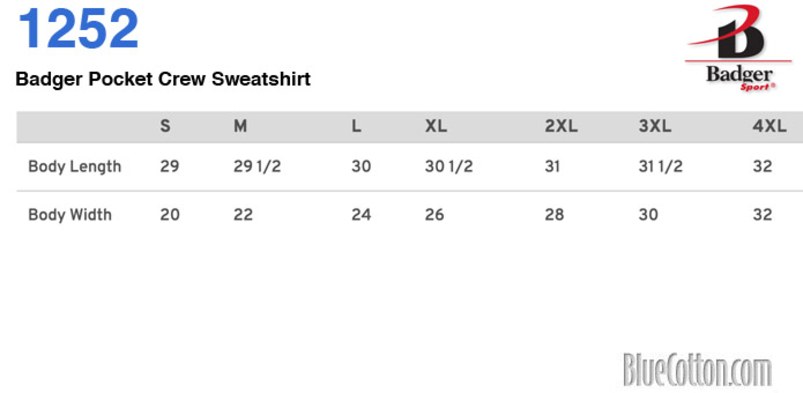 Size chart for a 1252 Badger Pocket Crew Sweatshirt