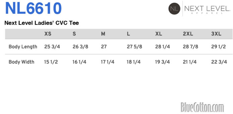Size chart for a NL6610 Next Level Ladies' CVC Tee