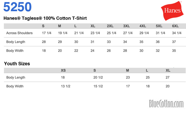 Size chart for a 5250 Hanes Authentic Tagless Tee